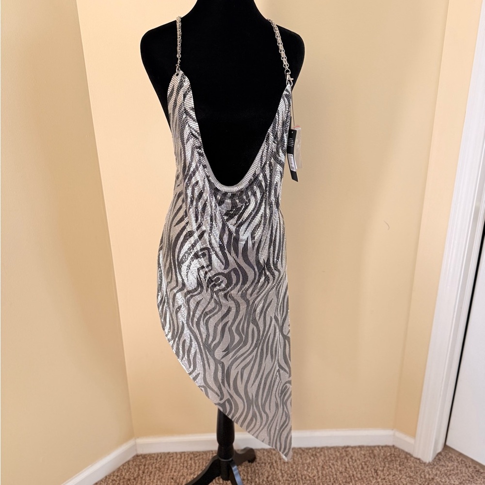 Silver Zebra Print Asymmetrical Chainmail Dress